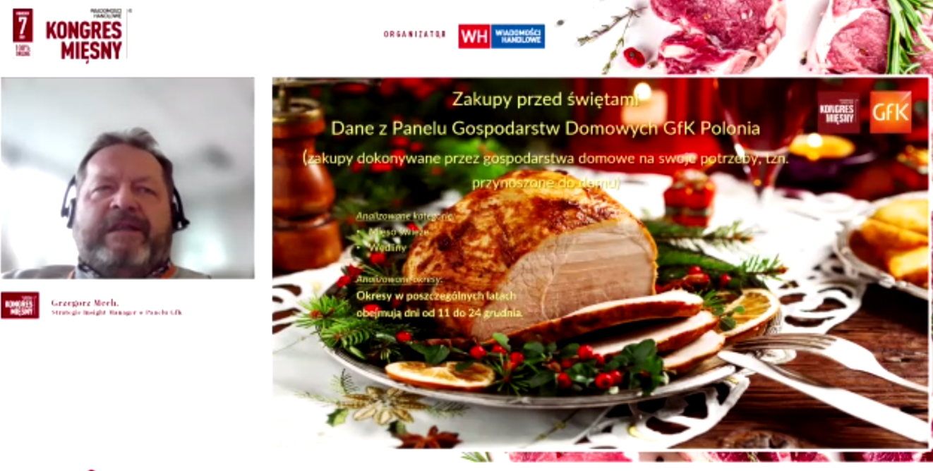 Grzegorz Mech, strategic insight manager w Panelu GfK w prezentacji „Świąteczne zakupy mięsa i wędlin. Bożonarodzeniowe trendy w handlu” przedstawił analizę kategorii mięso i wędliny pochodzące z danych Panelu Gospodarstw Domowych